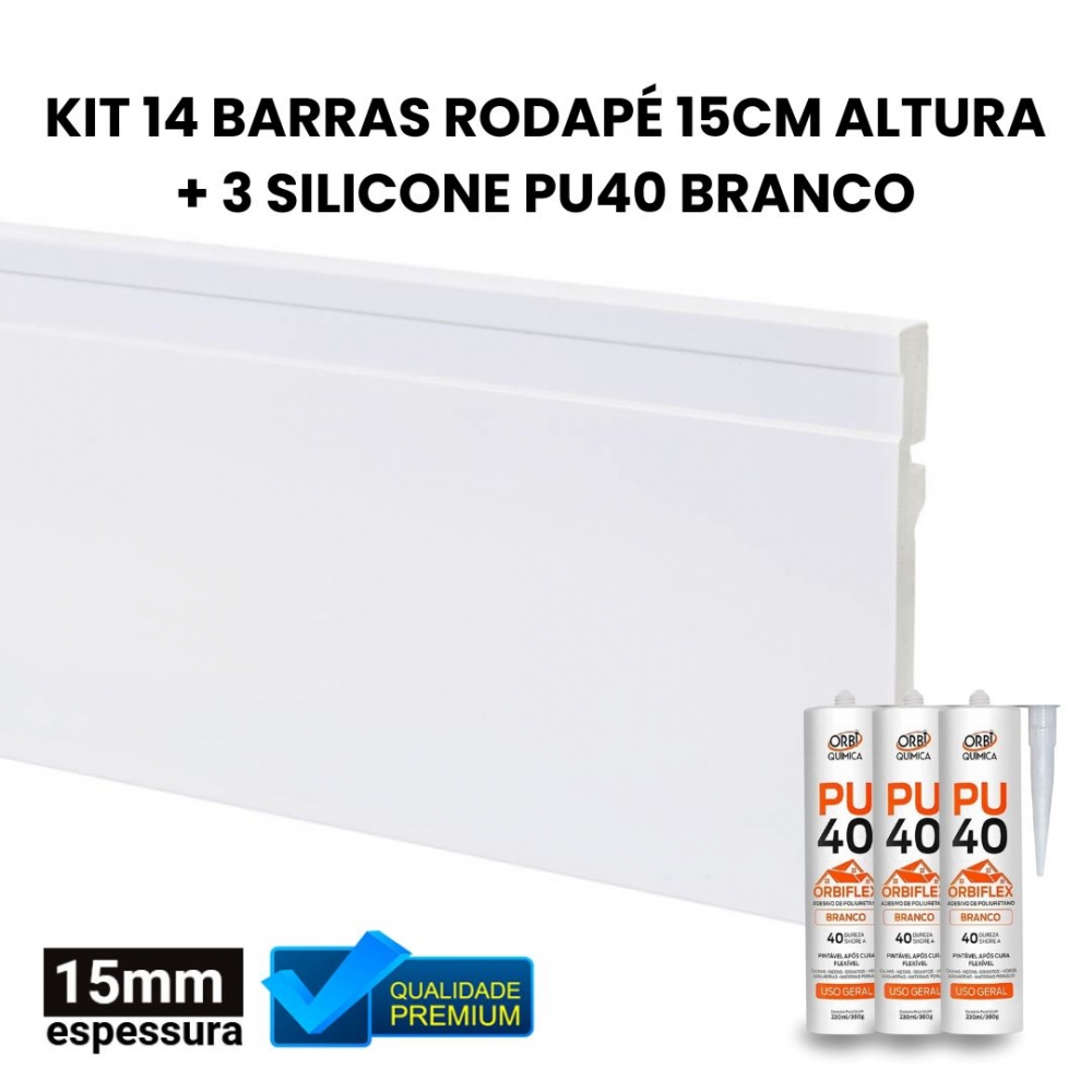 KIT 14 BARRAS RODAPE 15CM ALTURA + 3 SILICONE PU40 BRANCO